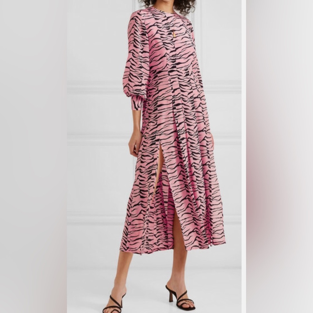 RIXO London Emma long-sleeve silk midi dress, pink with black tiger print, XXS